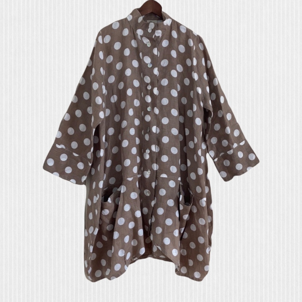 Blitz Taupe & White Polka Dot Linen Tulip Hem Dress Size Large BNWOT